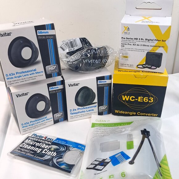 Camera lens set Nikon Wc-E63 Vivitar 58mm Wide Angle .43x Telephoto 2.2x Hood - Picture 1 of 15
